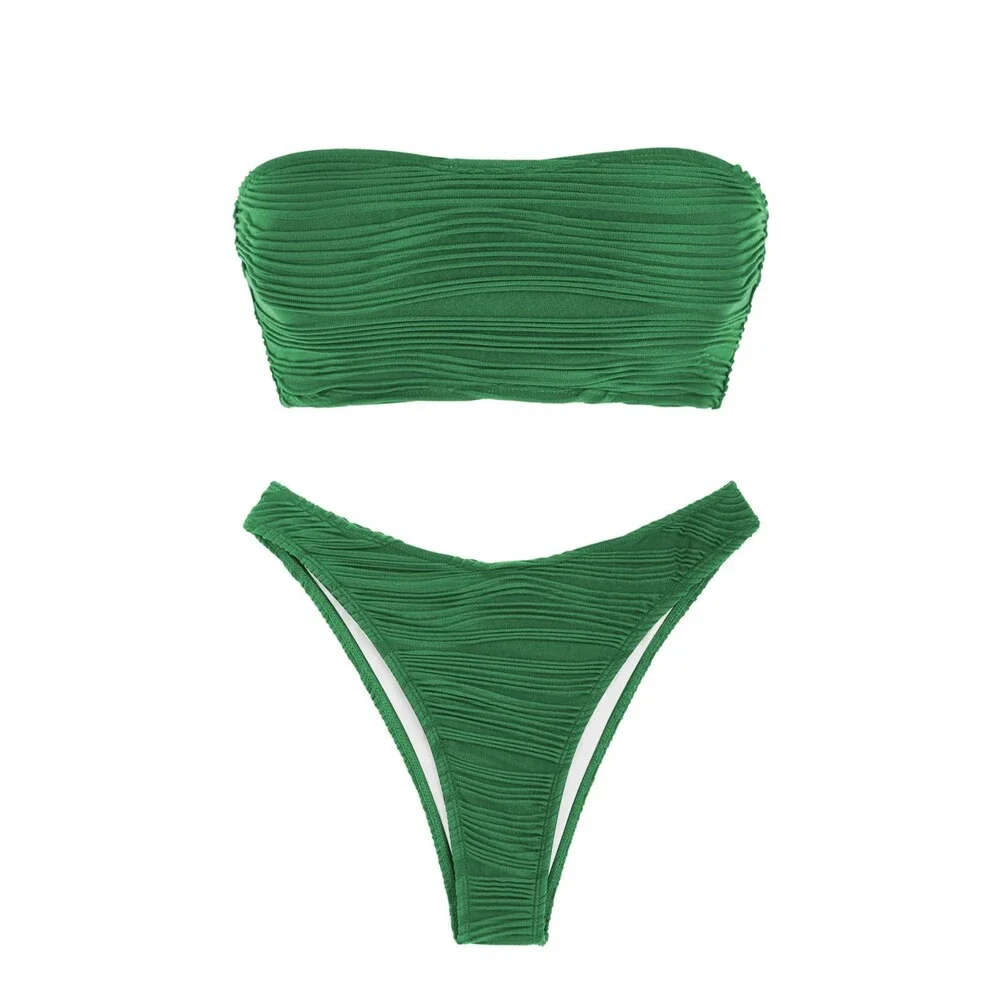 ZAFUL Women's Green Strapless Textured Bandeau Bikini 2 Piece Swimwear Cheeky M